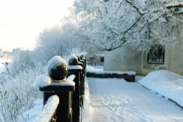 栅栏积雪覆盖的冬季公园 — 图库照片