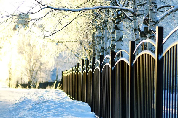 Płot pokryte śniegiem zima park — Zdjęcie stockowe