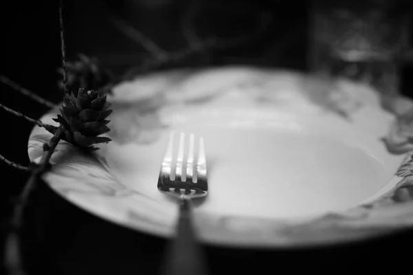 Fork in plate black white — Stock Photo, Image
