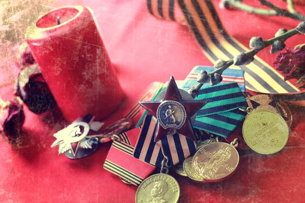 Efecto retro en la composición de medallas de la Gran Guerra Patria — Foto de Stock