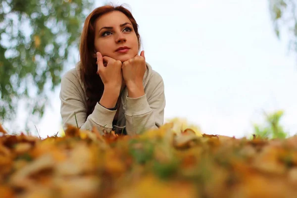 Autumn leaves girl book casual — Stock Photo, Image
