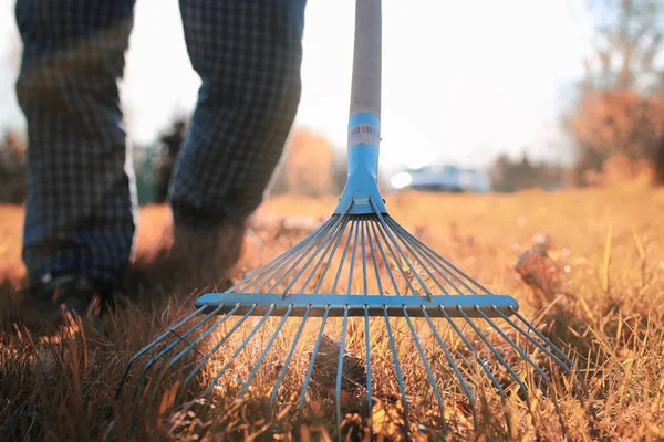 Hombre con rastrillos en otoño hierba vieja — Foto de Stock