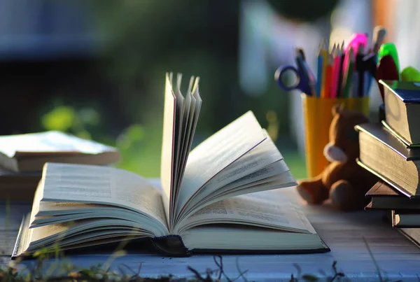 Educaion volta escola livro pilha página ao ar livre — Fotografia de Stock