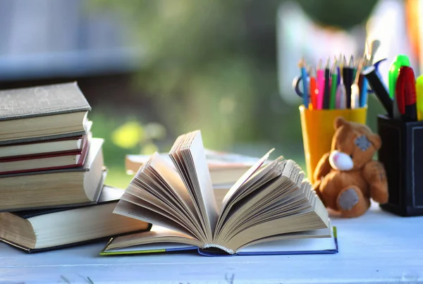 Educaion espalda escuela libro pila página al aire libre —  Fotos de Stock