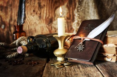 günlüğü ve tüy ile bir şişe dolusu ROM.