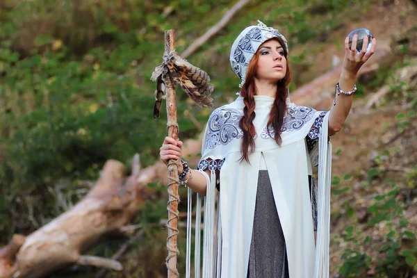 Shaman with Staff and glass ball outdoor — Stock Photo, Image