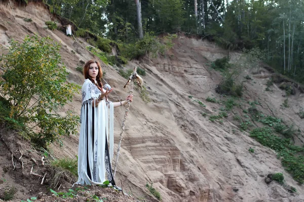 Shaman with Staff and glass ball outdoor — Stock Photo, Image