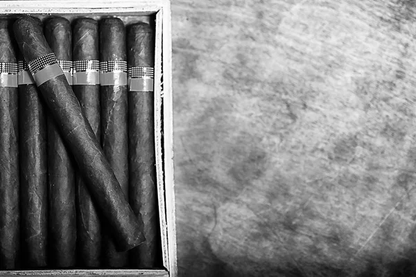 Monochrome photo of large wooden box of cigars handmade Cuban — Stock Photo, Image