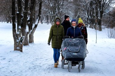 Grup kışın karlı havada yürür.