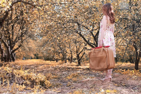 Niña con maleta de cuero para viajar en el parque de otoño a pie — Foto de Stock
