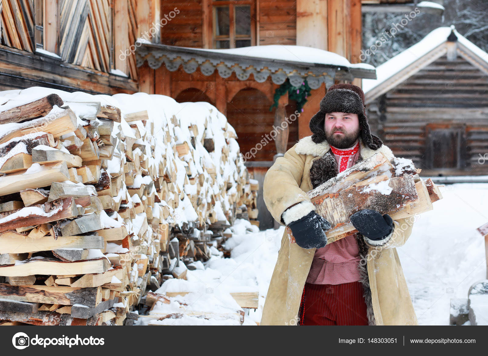 Traditional winter costume of peasant medieval age in russia