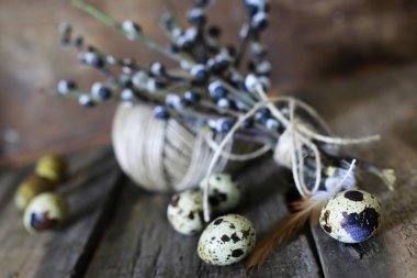 Bahar yumurta dal willow ahşap arka plan