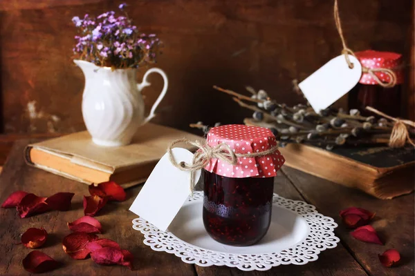 Retro rustic homemade jam jar — Stock Photo, Image