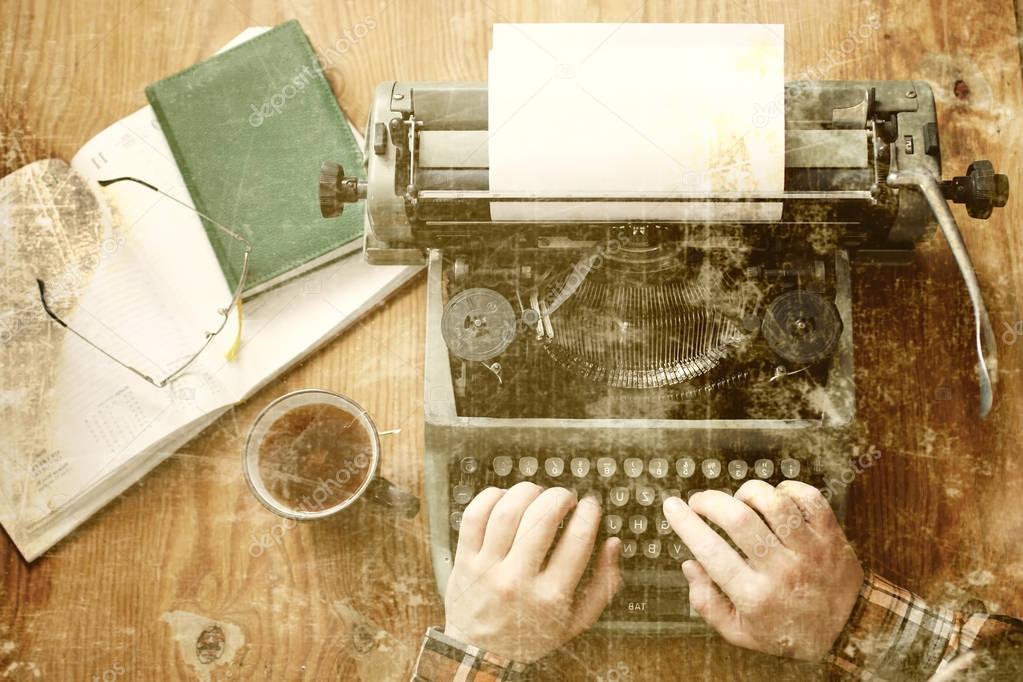 old photo typewriter retro hand wooden table