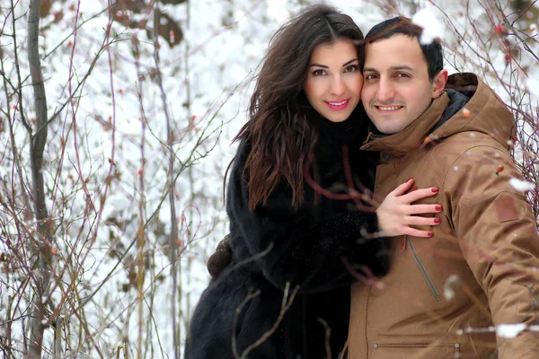 Vackra unga par i en snöig park insvept — Stockfoto