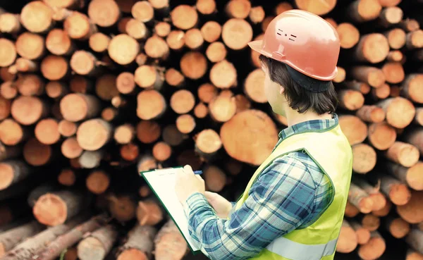 Lavoratore in casco conta legname di legno — Foto Stock