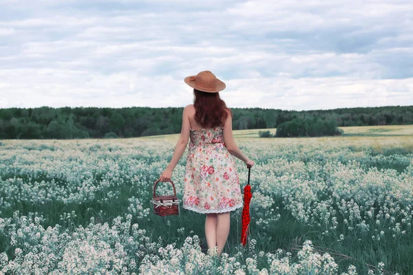 Menina em um prado de verão com flor branca — Fotografia de Stock