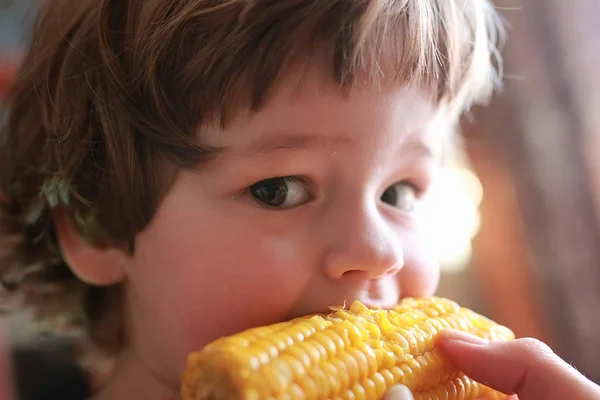 Niño come maíz avariciosamente mordiendo — Foto de Stock