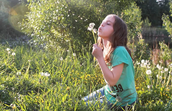 Подросток выдувает семена из цветка одуванчика в весеннем парке — стоковое фото