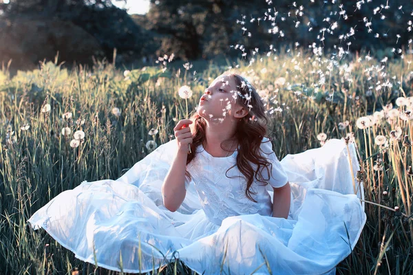 Teen flicka blåser frön från en blomma maskros i vår park — Stockfoto