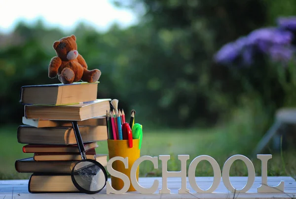 Educaion back school book stack page outdoor — Stock Photo, Image