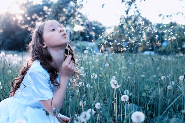 Teenie-Mädchen bläst Samen aus einem Löwenzahn im Frühlingspark — Stockfoto