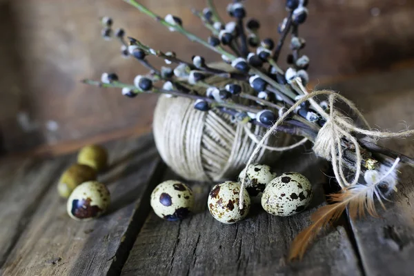 Primavera ovo galho salgueiro madeira fundo — Fotografia de Stock