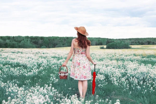 Chica en un prado de verano con flor blanca — Foto de Stock
