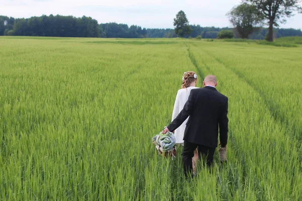 Paar liefhebbers wandelen in veld in zomerdag — Stockfoto