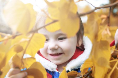 Küçük kız sonbahar Park'ta yürüyordunuz kamera poz