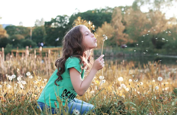 Девушка, дующая семена из одуванчика осенью — стоковое фото