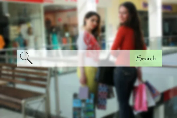 Barra de pesquisa no fundo borrado compras meninas — Fotografia de Stock