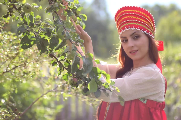 Slavische in traditionele kleding verzamelt de oogst van appels — Stockfoto