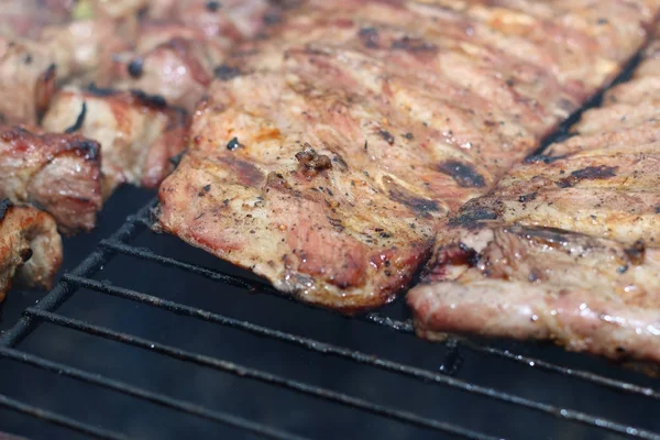 Espetos de carne nas brasas de churrasco — Fotografia de Stock