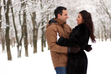 Genç bir çift bir kış Parkta yürümek