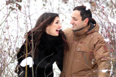 Genç bir çift bir kış Parkta yürümek