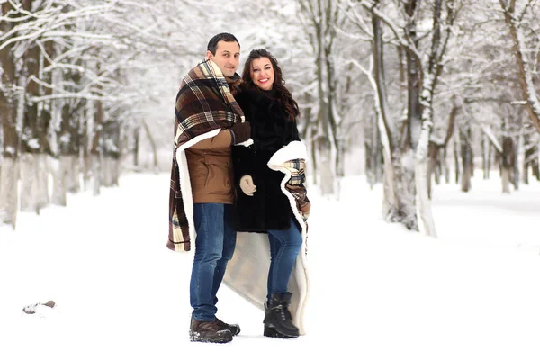 Una joven pareja camina en un parque de invierno — Foto de Stock