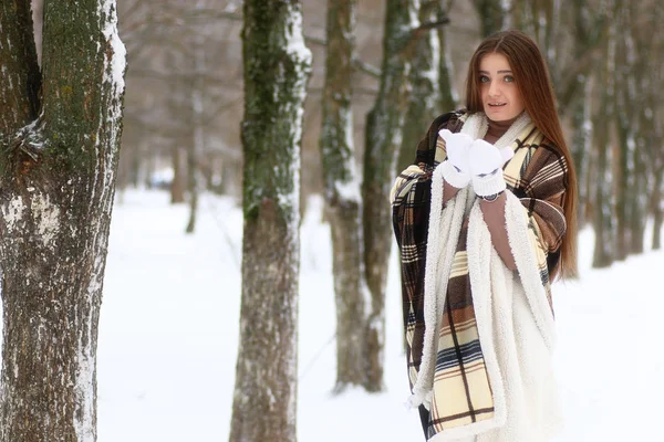 Giovane bella ragazza in inverno giorno nevoso — Foto Stock