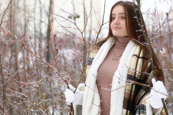Jovem menina bonita no inverno dia nevado — Fotografia de Stock