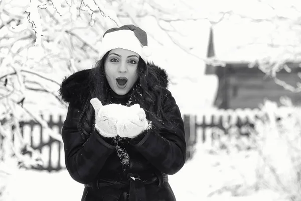 Красивая девушка в зимний снежный монохромный — стоковое фото
