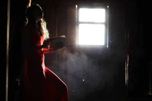 Silhouette af en smuk pige i en rød kjole - Stock-foto