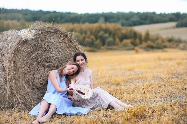 Dos chicas en vestidos en el campo de otoño — Foto de Stock