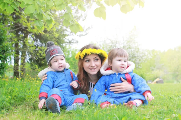 Madre con gemelos jóvenes sentados en un prado verde en los primeros sprin —  Fotos de Stock