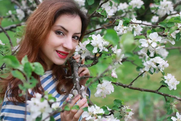 Kvinna och blommor träd apple — Stockfoto