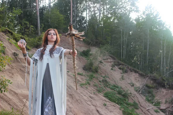 Shaman with Staff and glass ball outdoor — Stock Photo, Image