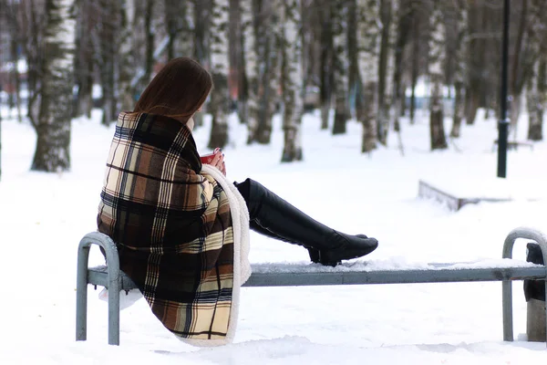 Giovane bella ragazza in inverno giorno nevoso — Foto Stock