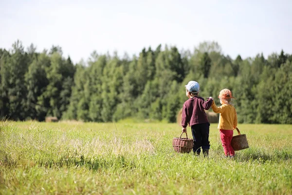 I bambini vanno nella foresta per i funghi — Foto Stock