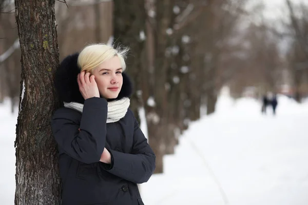 Genç ve güzel bir kız kış parkında yürüyüşe çıkmış. — Stok fotoğraf