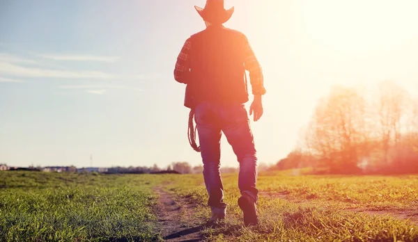 Um chapéu de cowboy e um loso no terreno. agricultor americano em um f — Fotografia de Stock