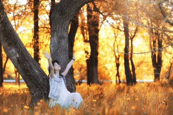 秋の公園で歩いている女の子。市 d と少女の秋 — ストック写真